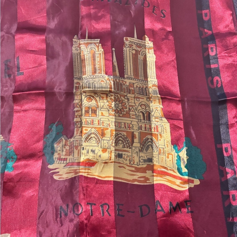 Vintage Paris Scarf Eiffel Tower Notre Dame Red 37” Square France Landmarks - Picture 9 of 9